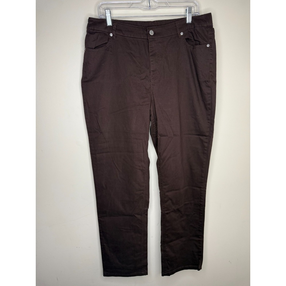 Denim & Co. Regular Woven Twill Slim Straight Pants Dark Chocolate, 14 #55M - Picture 2 of 4